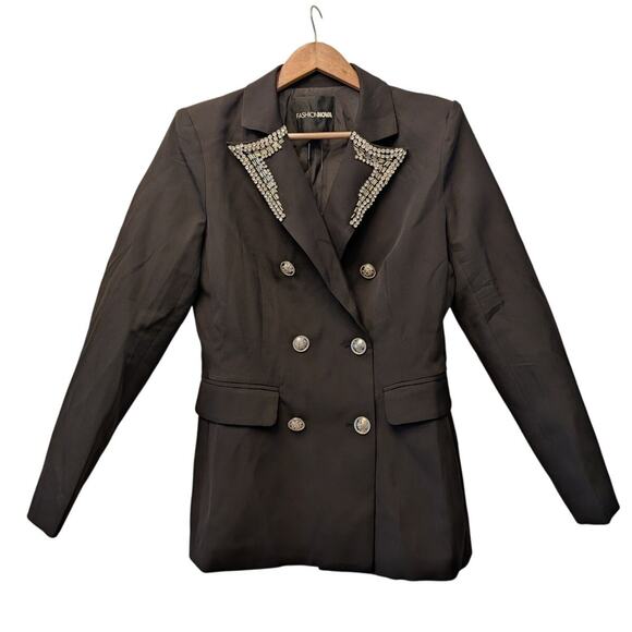 FASHION NOVA PARTY BLAZER RHINESTONES‎ BLINGED OFFICE BUTTONED SIZE L - Picture 2 of 9